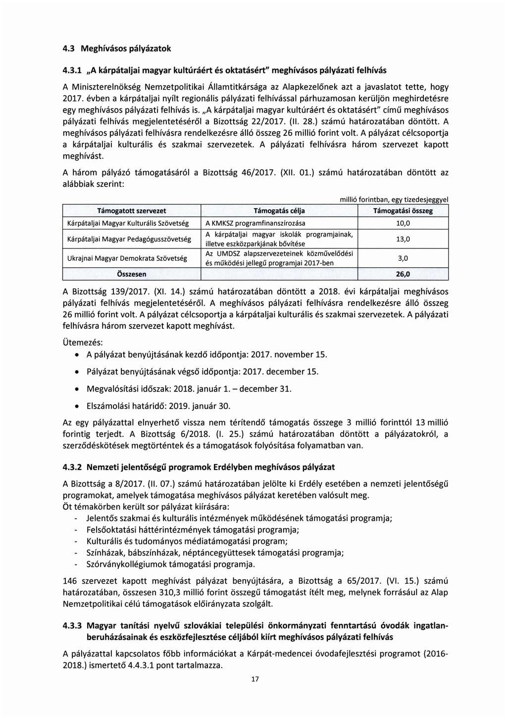 4.3 Meghívásos pályázatok 4.3.1,,A kárpátaljai magyar kultúráért és oktatásért" meghívásos pályázati felhívás A Miniszterelnökség Nemzetpolitikai Államtitkársága az Alapkezelőnek azt a javaslatot tette, hogy 2017.