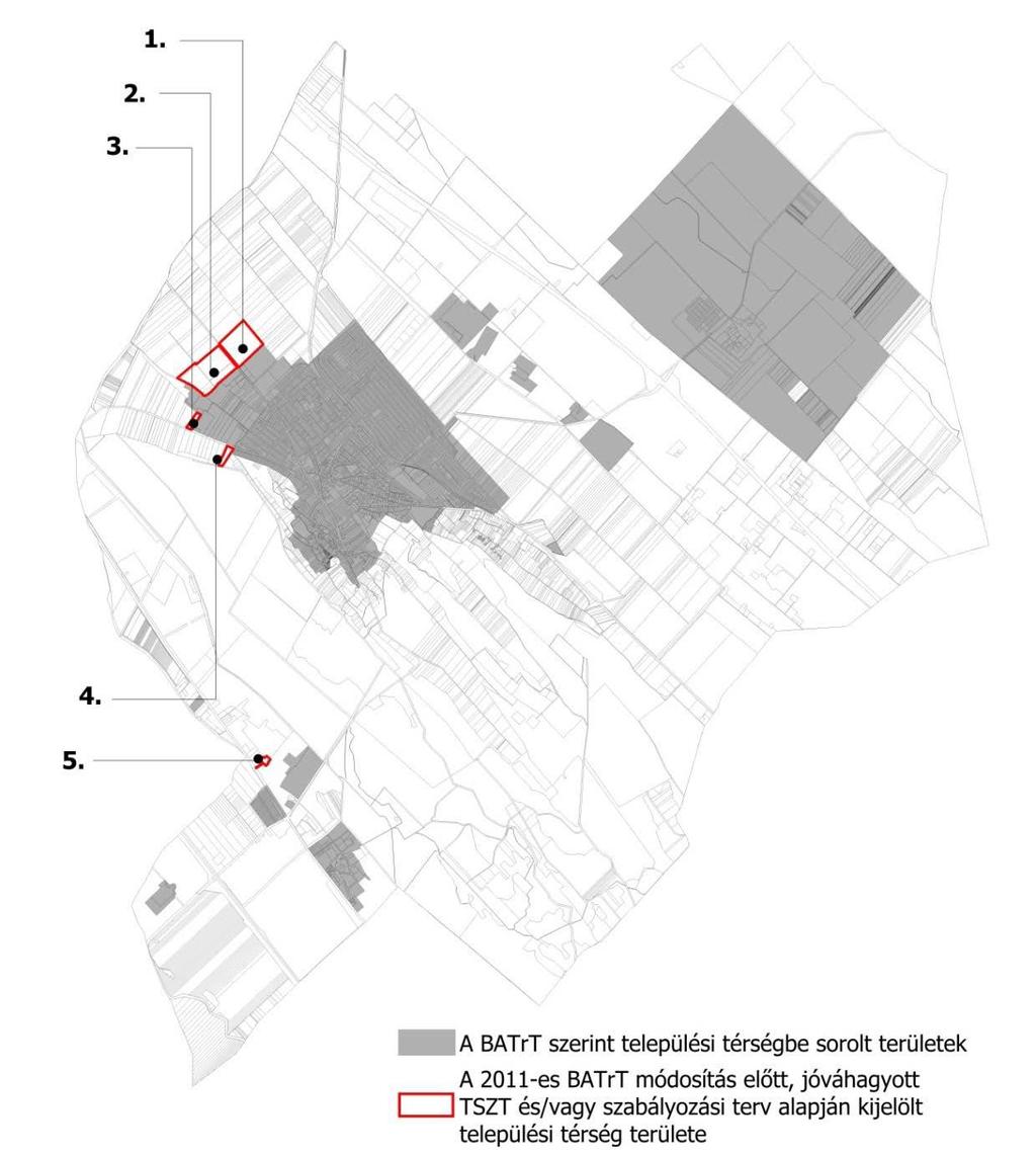 [ ] 5. A TERÜLETRENDEZÉSI TERVVEL VALÓ ÖSSZHANG IGAZOLÁSA Városias települési térség A BATrT 7. (2) bekezdésben szabályzott települési térség növekmény: Települési térség-növekmény A BATrT 1/3.