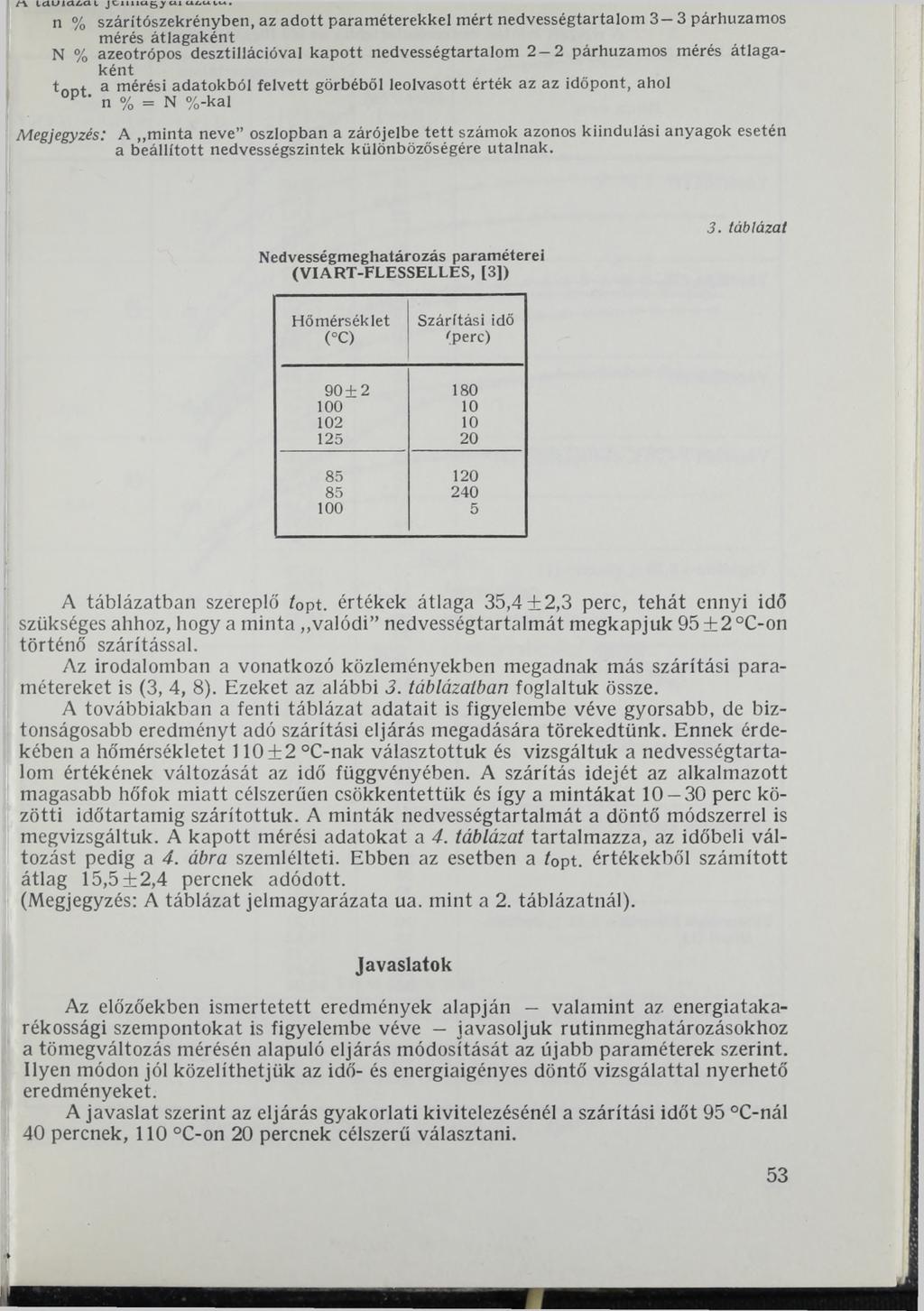 n % szárítószekrényben, az a d o tt param éterekkel m ért nedvességtartalom 3 3 párhuzam os mérés átlagaként N % azeotrópos desztillálóval kapott nedvességtartalom 2-2 párhuzam os mérés átlagakén t