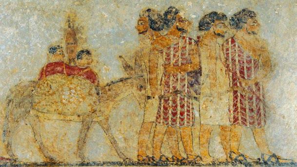 Királyi tematika átemelése az elitsírok képi repertoárjába: a halott számára áldozatokat hozó elő-ázsiai nomád (Aamu) kereskedők Egyiptomba érkezése.
