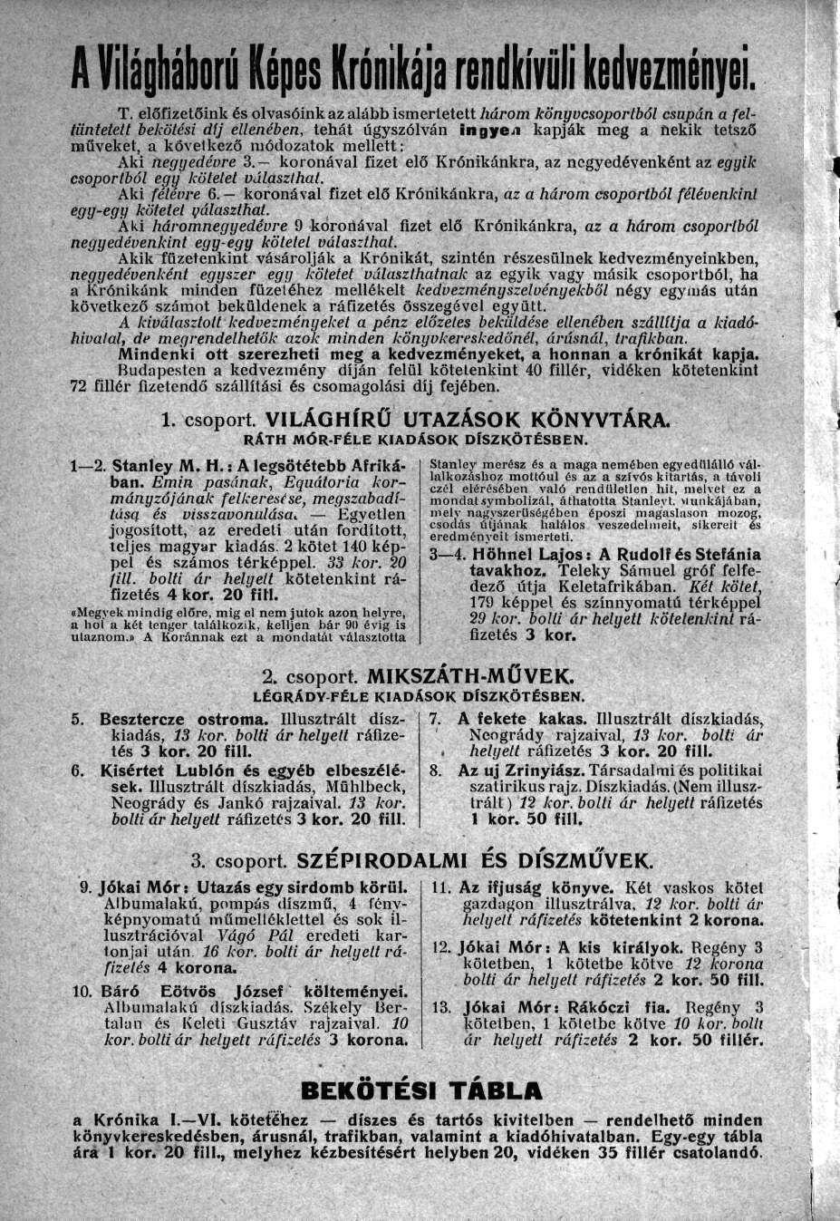 A Világháború Képes Krónikája rendkívüli kedvezményei. T.