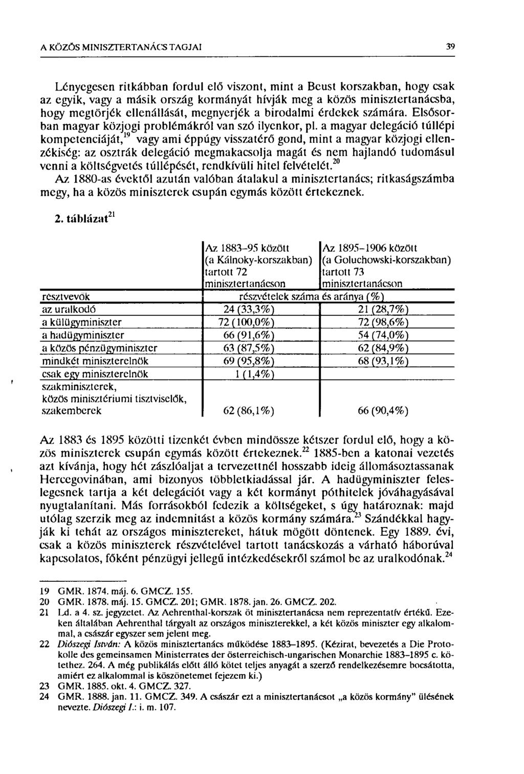 A KÖZÖS MINISZTERTANÁCS TAGJAI 39 Lényegesen ritkábban fordul elő viszont, mint a Beust korszakban, hogy csak az egyik, vagy a másik ország kormányát hívják meg a közös minisztertanácsba, hogy