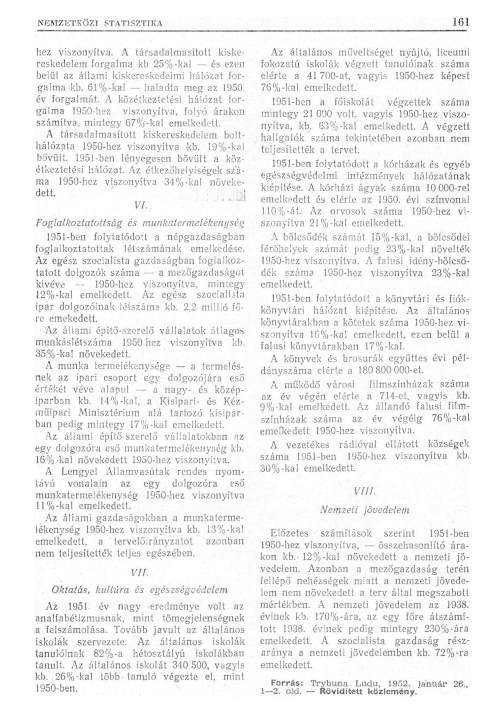 hez viszonyítva. A társadalmasított kiskereskedelem forgalma kb 25%-kai és ezen belül az állami kiskereskedelmi hálózat forgalma tkb, 61 %-kal haladta meg az 1950. év forgalmát.