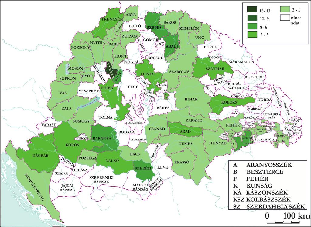 5. Prágai Egyetem magyarországi hallgatói származási helyének megyénkénti eloszlása (fő) 5.