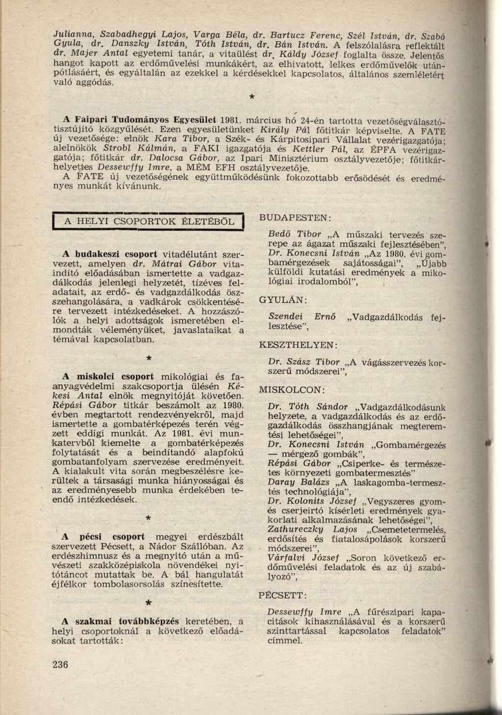 Julianna, Szabadhegyi Lajos, Varga Béla, dr. Bartucz Ferenc, Szél István, dr. Szabó Gyula, dr. Danszky István, Tóth István, dr. Bán István. A felszólalásra reflektált dr.