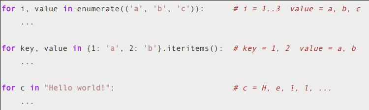 list, tuple esetén (index, érték) párost ad vissza automatikus felbontás (I,