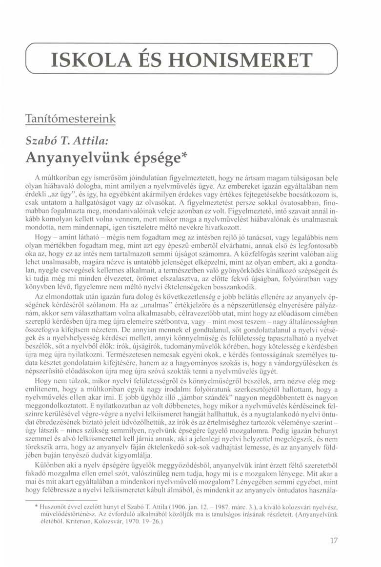 ISKOLA ÉS HONISMERET 1 Tanítómestereink Szabó T.