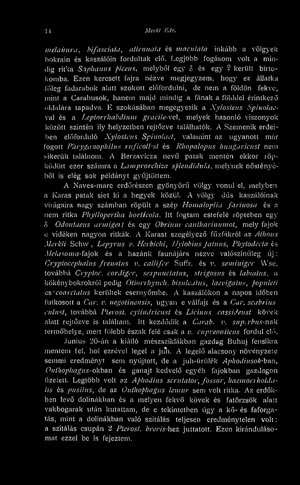 Ezen keresett fajra nézve megjegyzem, hogy ez állatka fleg fadarabok alatt szokott elfordulni, de nem a földön fekve, mint a Carabusok, hanem majd mindig a fának a földdel érintkez oldalára tapadva.