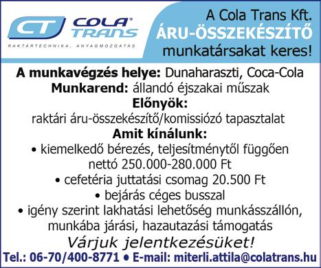 +36 20 938 9069 A K&K 95 Kft. felvételt hirdet betanított férfi munkaerő részére. Az önéletrajzokat az odorm@brakehose. hu e-mail címre várjuk. KERESEK szerelésben jártas karbantartót (józan életűt).