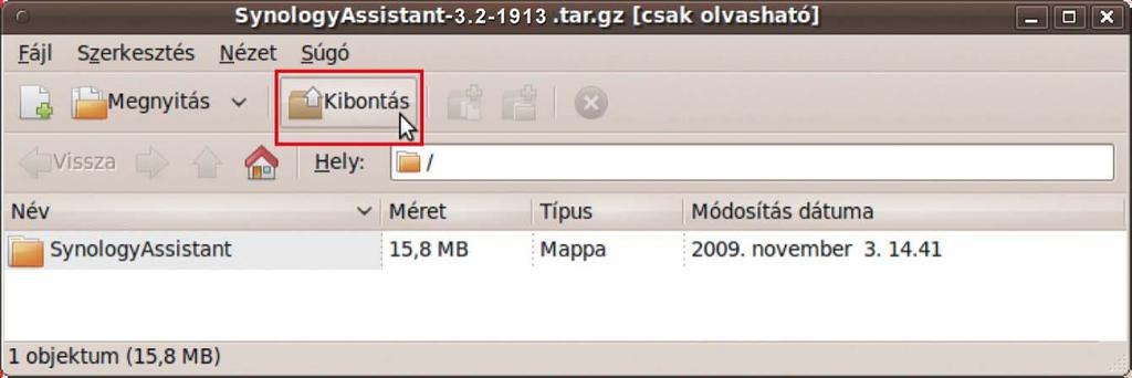 0-2198 4 Kattintson a Kibontás elemre, majd csomagolja ki a SynologyAssistant könyvtárat a /usr/local útvonalra vagy bármely más helyre. 3.2-1955 4.