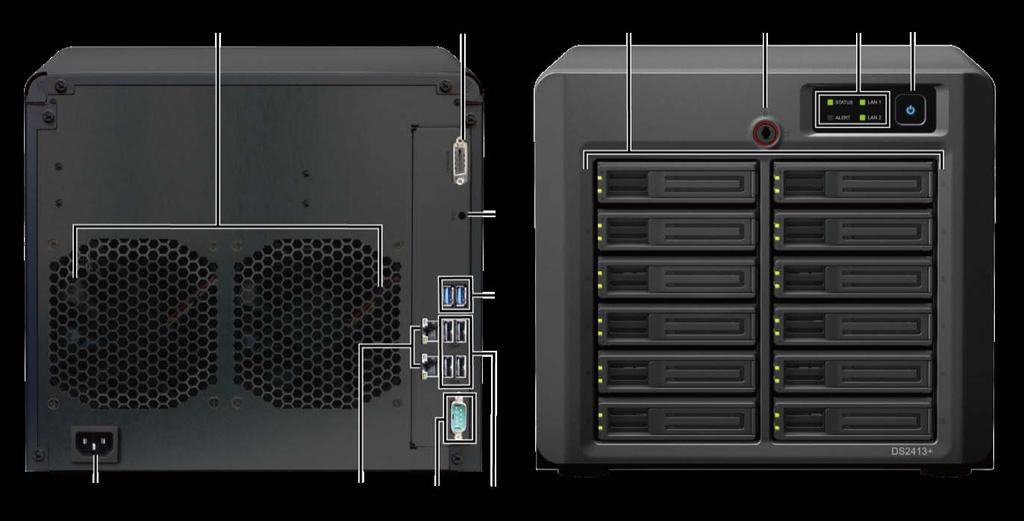 A Synology DiskStation áttekintése Sz. Név Hely Leírás 1) Bekapcsológomb Elülső panel A főkapcsoló gomb a Synology DiskStation be- és kikapcsolására szolgál.