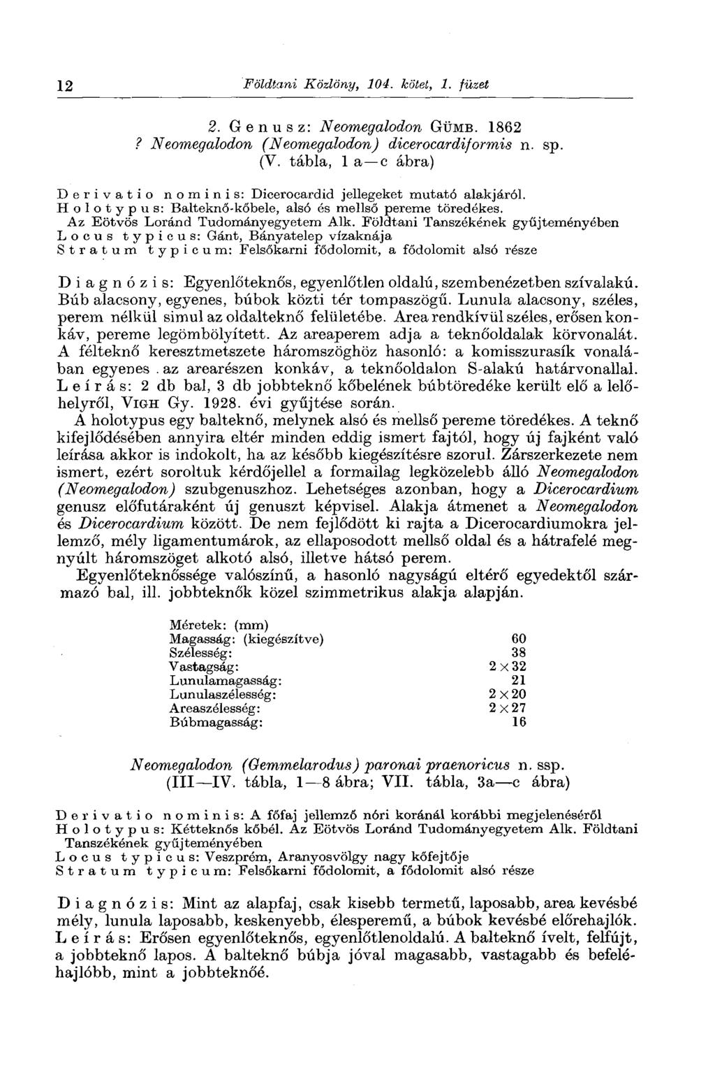 12 Földtani Közlöny, 104. kötet, 1. füzet 2. Genusz: Neomegalodon GÜMB. 1862? Neomegalodon (Neomegalodon) dicerocardiformis n. sp. (V.