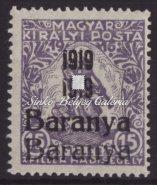 ), szerb megszállás, próbanyomatok, Turul 2 ﬁllér, Károly 15 ﬁllér és Zita/Köztársaság 40 ﬁlléres bélyegek, hátoldali bevizsgáló jellel (Bodor M.). Kat. érték: 82.000 Ft.