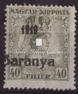 Baranya I. (szerb megszállás), 15f. Arató bélyeg, fordított felülnyomat, kis évszámmal 488. tétel 1919. Baranya I. (szerb megszállás), 15f. Arató bélyeg, fordított felülnyomat 487.