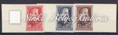 Stalin (I), horizontal stripes of 3 cut from block of 9 with wide margins on both sides. 1949/50. J.V.Sztálin (I.