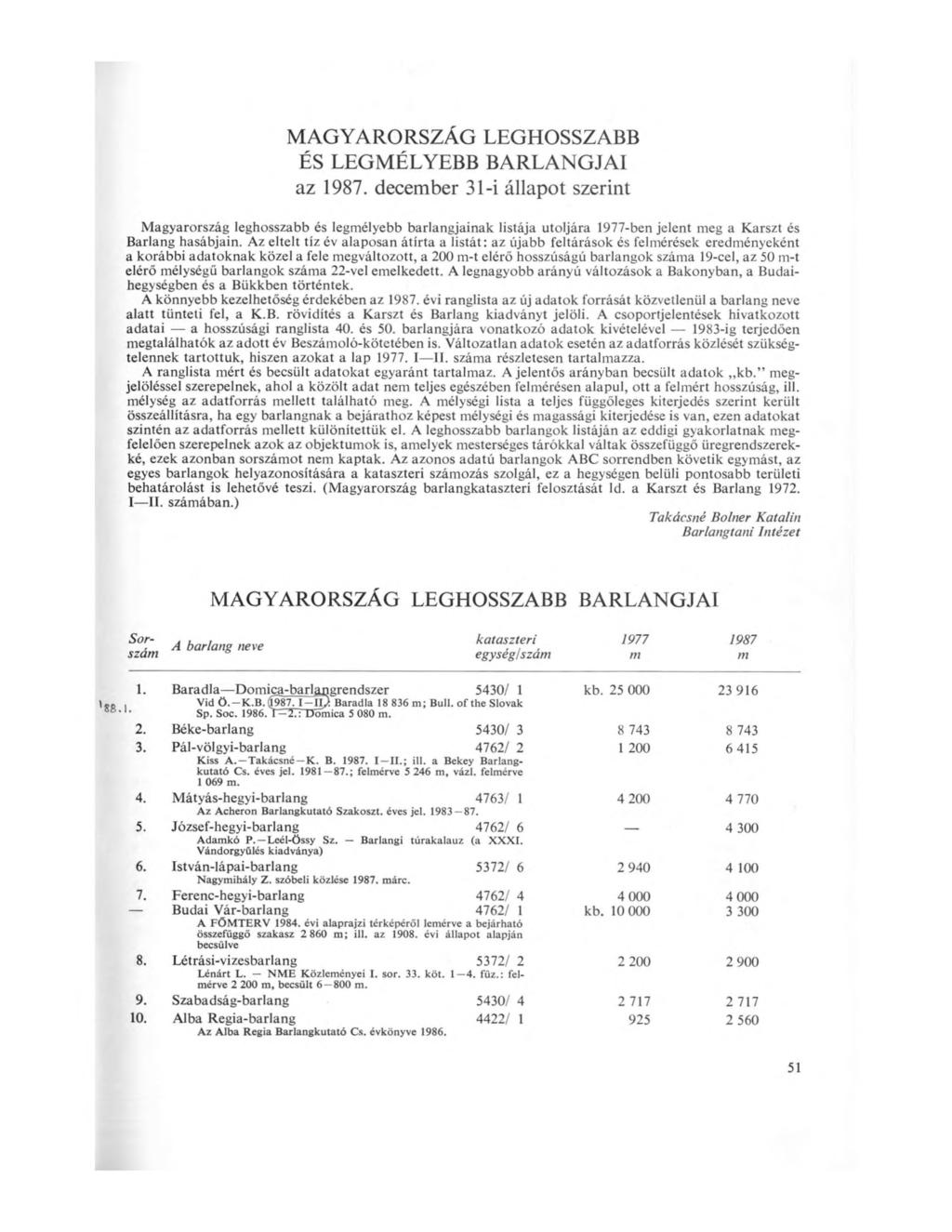 MAGYARORSZÁG LEGHOSSZABB ÉS LEGMÉLYEBB BARLANGJAI az. deceber 31-i állapot szerint Magyarország leghosszabb és legélyebb barlangjainak listája utoljára -ben jelent eg a Karszt és Barlang hasábjain.