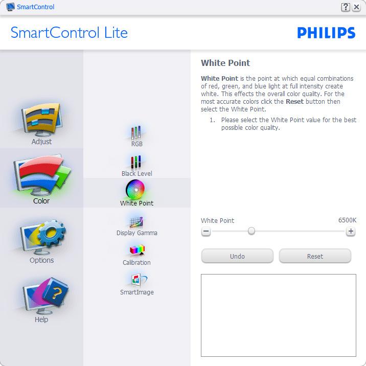 (Színkalibráció) és SmartImage Lite elemek beállítását (Lásd a SmartImage Lite