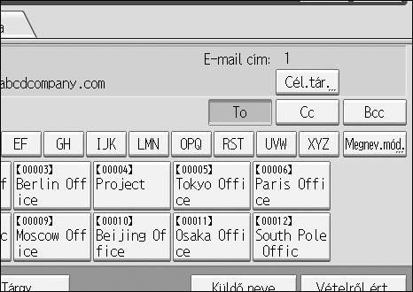 E-mail célállomás megadása Közvetlenül megadott célállomás regisztrálása a címlistában Jelen rész ismerteti, hogyan regisztrálhat egy közvetlenül megadott célállomást a készülék címlistájában.