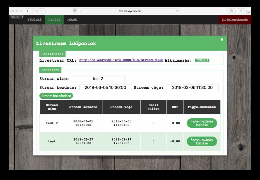 Webinar live stream beállításai A live stream-ek idejét beállíthatjuk a classy weboldalon és a