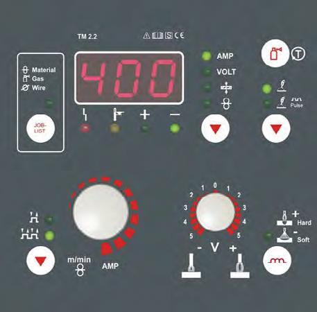 MIG400 Synergic és MIG400 Synergic Puls kezelőfelülete 35 előre beállított (JOB) szinergikus üzemmód MIG/MAG hegesztés tömör- és porbeles huzalokkal kijelző MIG forrasztás áram / feszültség AWI (TIG)