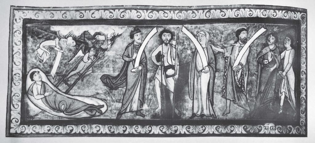 248 28. kép. Jákob álma, miniatúra az ún. Gumbertus-bibliából, 1180-as évek: Erlangen, Univestitätsbibliothek, Cod. 1. fol 139v. Pirker 1996. i. m. (57. jegyzet) nyomán világíthatnak rá (27. kép).