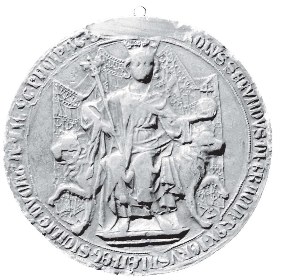 21 Martell Károly alakja pecsétjének előoldalán egyébként a jobb térdet szabadon hagyó, a bal láb felé ívelődő szélű köpenyének (amely a mellen nyitott, szalaggal összefogott, előkelő Tasselmantel)