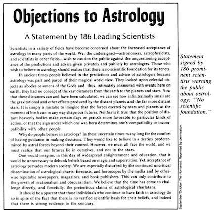 Egy ünnepélyes kiáltvány A kiáltvány bevezetője: Különféle területeken dolgozó tudósok aggodalmát felkeltette, hogy a világ sok részén növekszik az asztrológia elfogadottsága.
