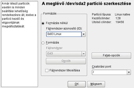 Mesterfogások A lemezek ura A YaST megnyitott particionáló ablaka mutatja a lehetőségeket és a rendszer lemezegységeit.