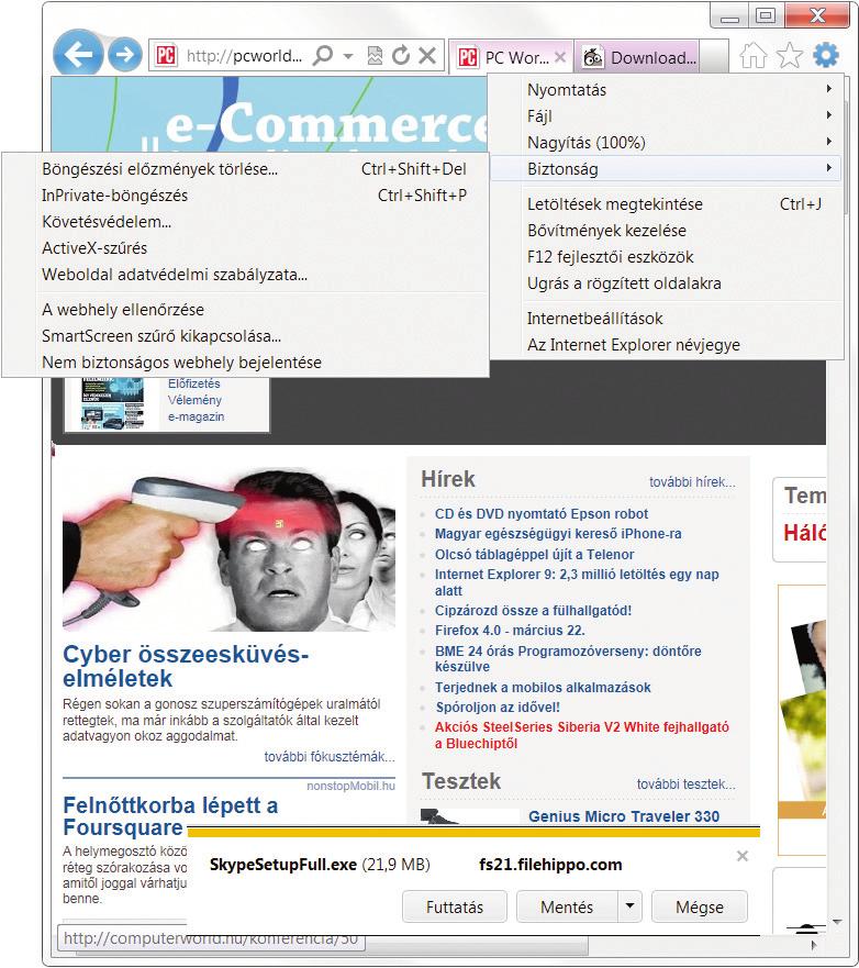 Címlapsztori Az okos mező egyben tartalmazza a címsort, a keresőmezőt, az előzményeket és külső szolgáltatók kiegészítőit (így például a PC World keresőjét) is.