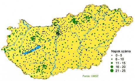 Nagyintenzitású záporok előfordulása (esetszám) Év > 50 > 100 mm/nap 2001 173 6 2002 184 5 2003 150 30 2004 128 1 2005 410 12 2006 152 4 2007 97 0 2008 116 3 2009 163 0 2010 490 12 1. térkép.