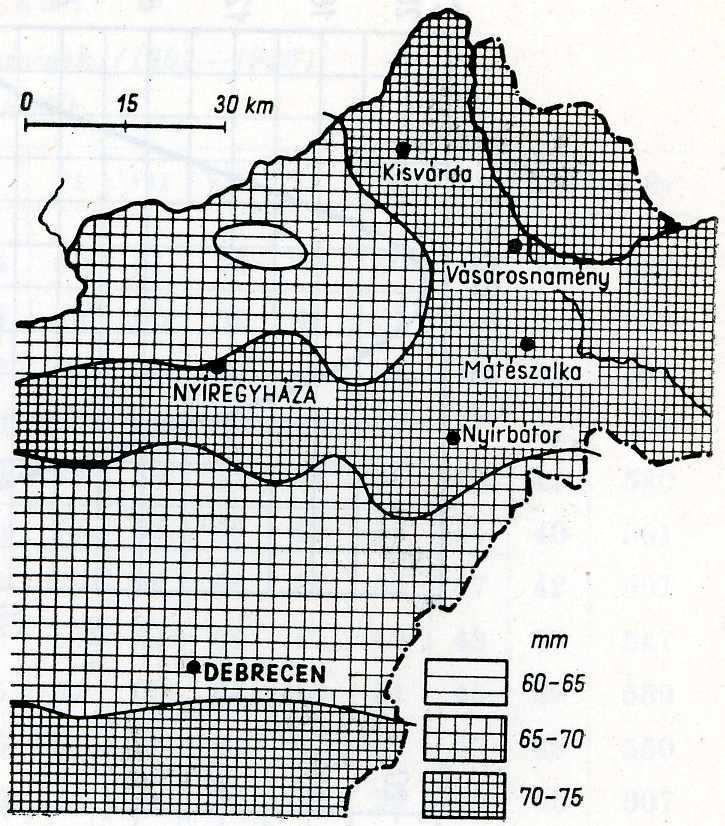Egy téli (január bal) és nyári (június jobb) hónap csapadékmennyiségének sokéves átlaga a Nyírségben (c) Vízrajz, hidrológiai viszonyok