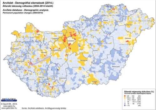 Ha területi eloszlásban vizsgáljuk a folyamatot, az elmúlt 10 évben a járások kb. kétharmadában 10-25%-os lélekszámfogyást regisztráltak (40. ábra).