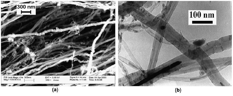 Ezek az esetenként többszáz nanométer hosszú nanoszálak a kisebb és nagyobb átmérőjű CNT-kben is megjelennek. 23. ábra Porlasztásos pirolízissel növesztett rendezett MWCNT réteg darabkáinak SEM képei.