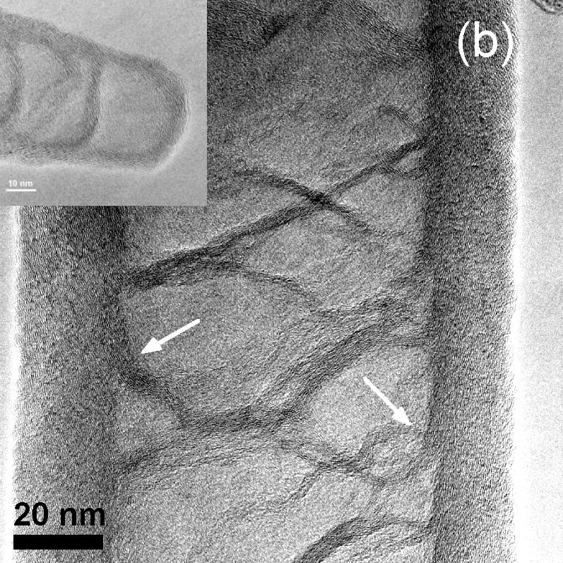 bezáródásoktól mentes változat is kúptorony szerkezetű. 34. ábra Porlasztásos pirolízissel, 100% piridinben oldott ferrocénnel növesztett nanocsövek TEM képei.