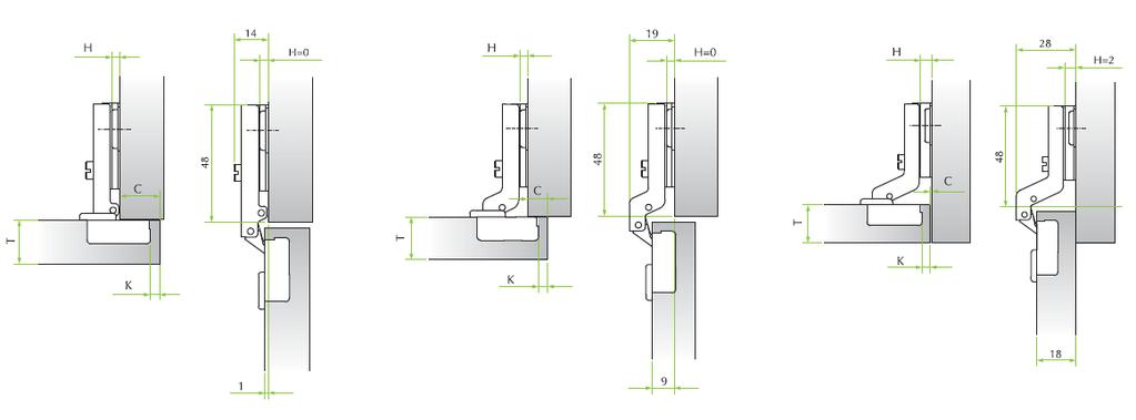 Fej mélység: 9,8 mm Fej átmérő: 26 mm Nyitás 105 0, (K) max 4 mm és (T) max 18 mm értékeknél Lehetséges pánthelyfuratok (K) 3-6 mm Ajtóvastagság