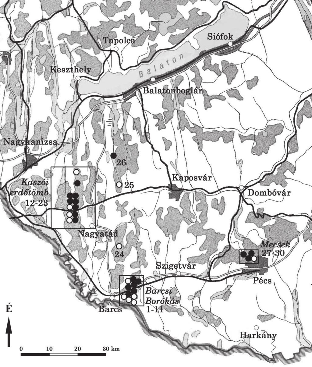 28 Fodor Andrea és Szurdoki Erzsébet 1. ábra. Áttekintő térkép a Dél-Dunántúl tőzegmoha előfordulásairól.