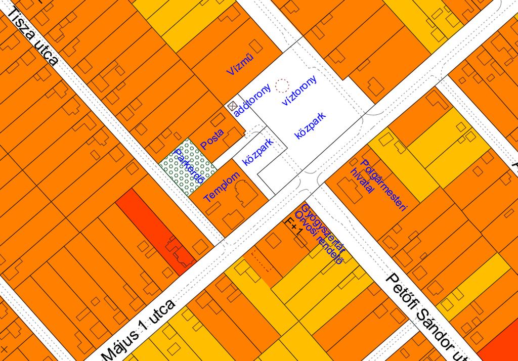 Részlet a belterület épületfunkció- és állagvizsgálatából: teresedés, intézménycsoport, közpark a Petőfi utca Május 1.