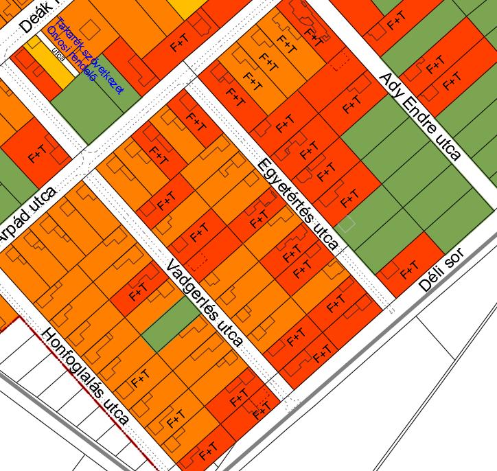 Részlet a belterület épületfunkció- és állagvizsgálatából: az Árpád utcától D-re nagyobb arányban találunk új lakóépületeket.