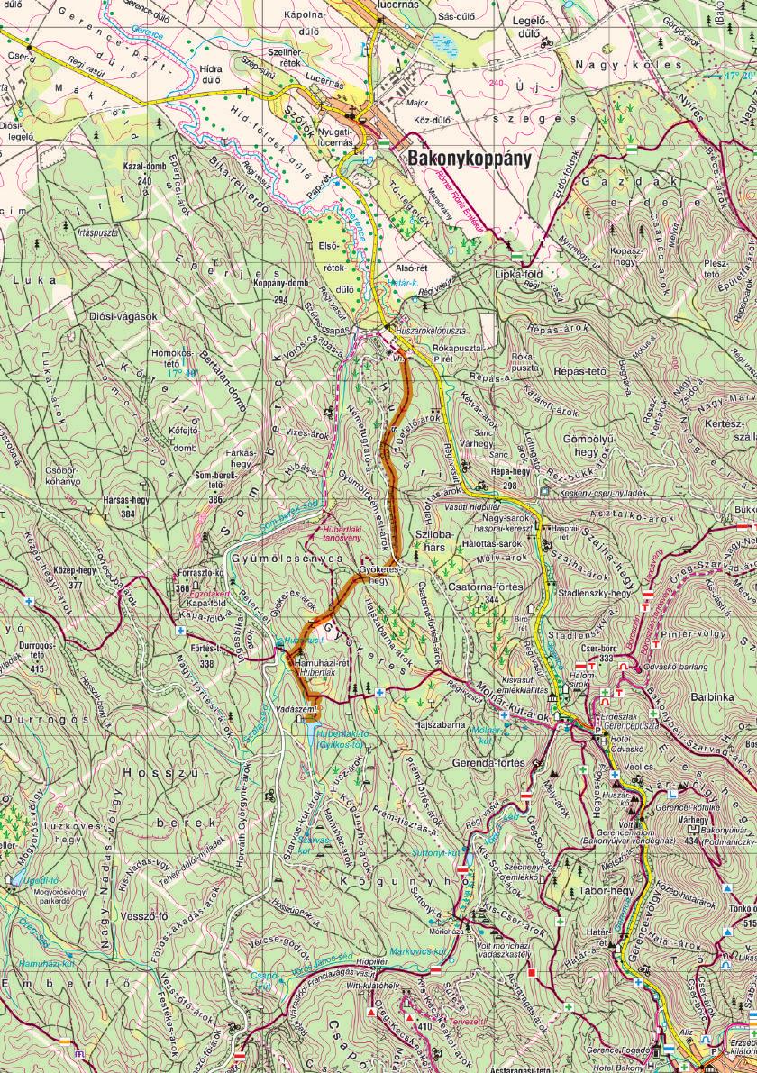 5. nap HUSZÁROKELŐPUSZTA HUBERTLAK Huszárokelőpuszta Hubertlaki Tanösvény Bakonyi Gyilkos -tó Hubertlak Táborhely váltás Napi útvonalhossz: 4,7 km Napi szintemelkedés/lejtés: 147/94 m A szállás