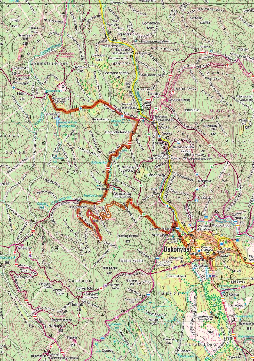7. nap HUBERTLAK BAKONYBÉL Útvonal: Hubertlak Molnár-kút-árok Móricháza Hídpillér Witt-kilátóhely Bakonybél Napi útvonalhossz: 13,2 km Napi szintemelkedés/lejtés: 368/382 m A Bakonyi Erdei