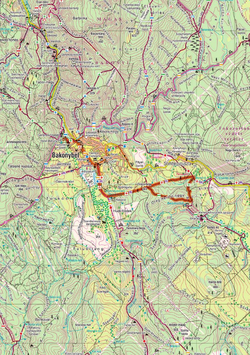 1. nap BAKONYBÉL KERTESKŐI-SZURDOK Útvonal: Bakonybél Borostyán-kút Kerteskői-szurdok Bakonybél Napi útvonalhossz: 15,3 km Napi szintemelkedés/lejtés: 371/371 m A Bakony Hotelnél lévő táborhelyet a