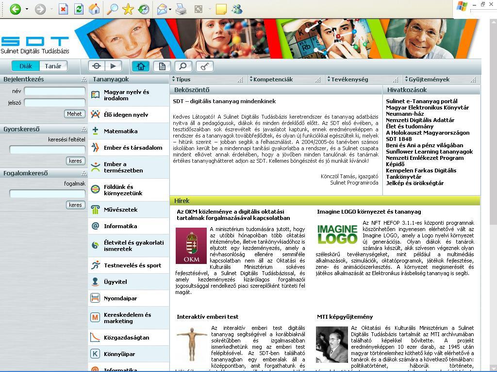 2. Tananyagok online lejátszása 2.1. A felhasználói felület áttekintése 2.1.1. A webes kliens működéséhez szükséges komponensek A webes kliens működéséhez szükséges komponenseket az SDT nyitólap (http://sdt.