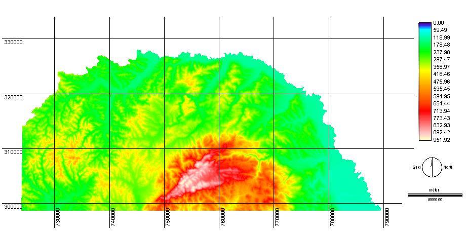 2. ábra. A vizsgálati terület digitális terepmodellje Három topografikus modell készült el 25x25, 50x50 és 100x100 m/pixel felbontásban. A pixelek száma rendre 2.373.000, 593.000 és 148.000 volt.