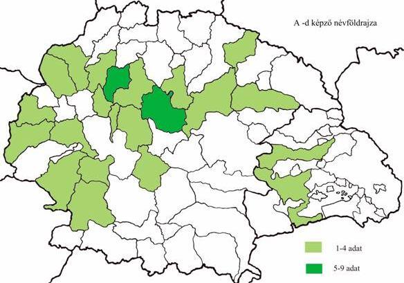 térkép. A népnévből -i képzővel alakult településnevek névföldrajza 1-4 adat 5-9 adat 3. térkép.