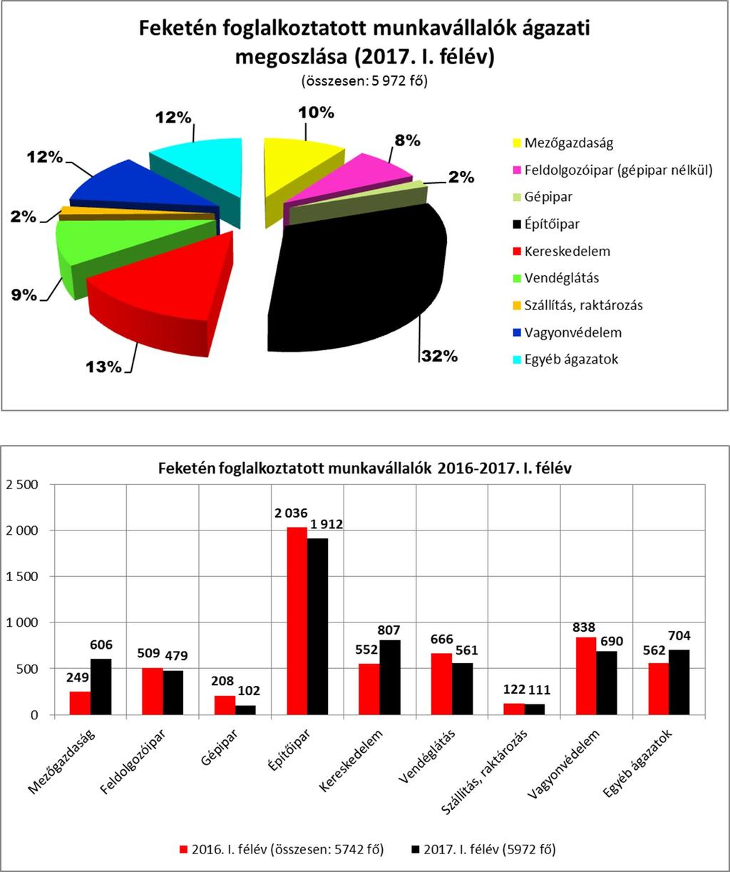 4 A feketefoglalkoztatás ágazati megoszlását tekintve a vendéglátás területe tette ki a munkaszerződés és bejelentés nélküli munkavállalók 9 %-át (561 fő), míg tavaly félévkor ez a szám 12 % (666 fő)