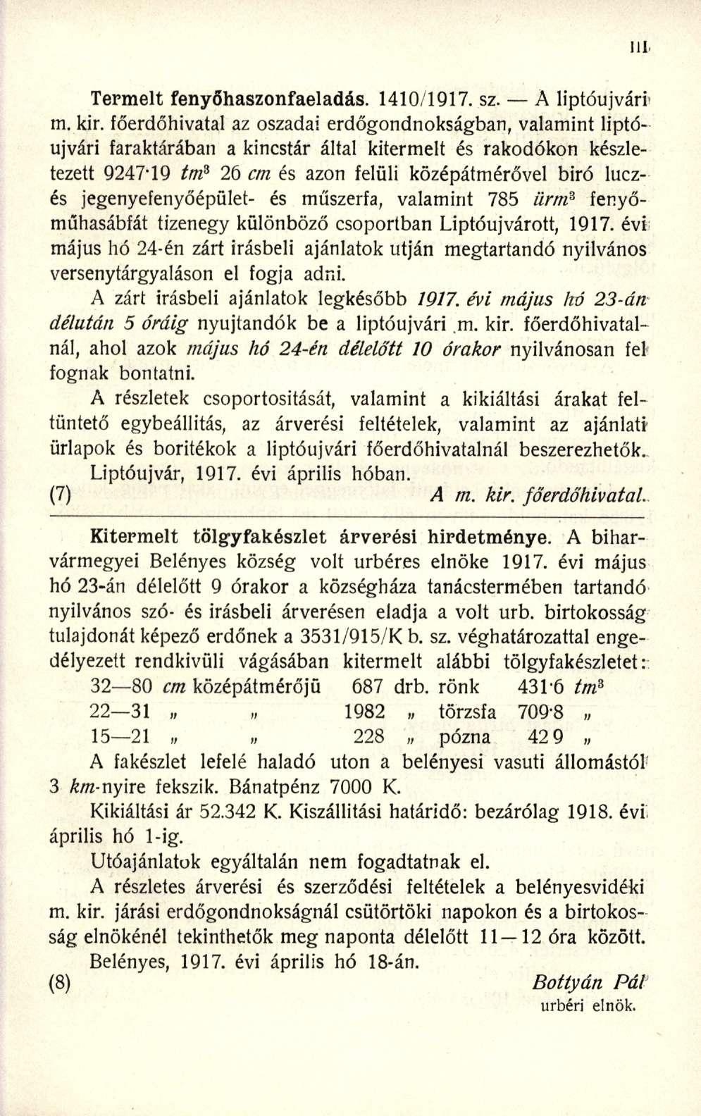 Termelt fenyőhaszonfaeladás. 1410/1917. sz. A liptóujvári m. kir.
