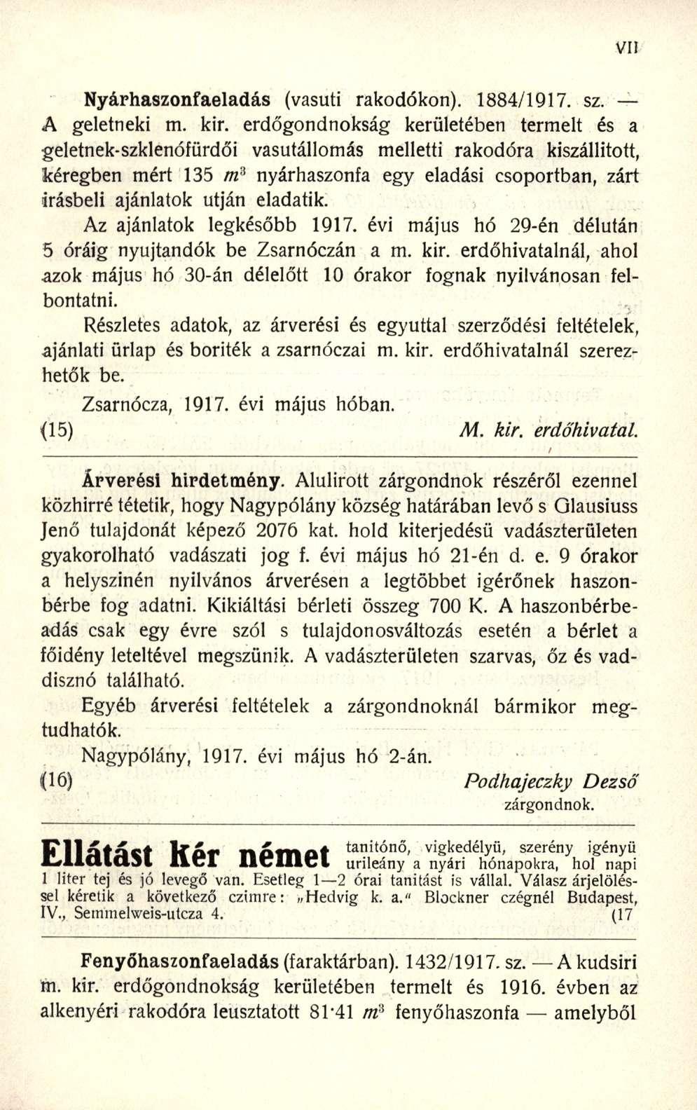 Nyárhaszonfaeladás (vasúti rakodókon). 1884/1917. sz. A geletneki m. kir.