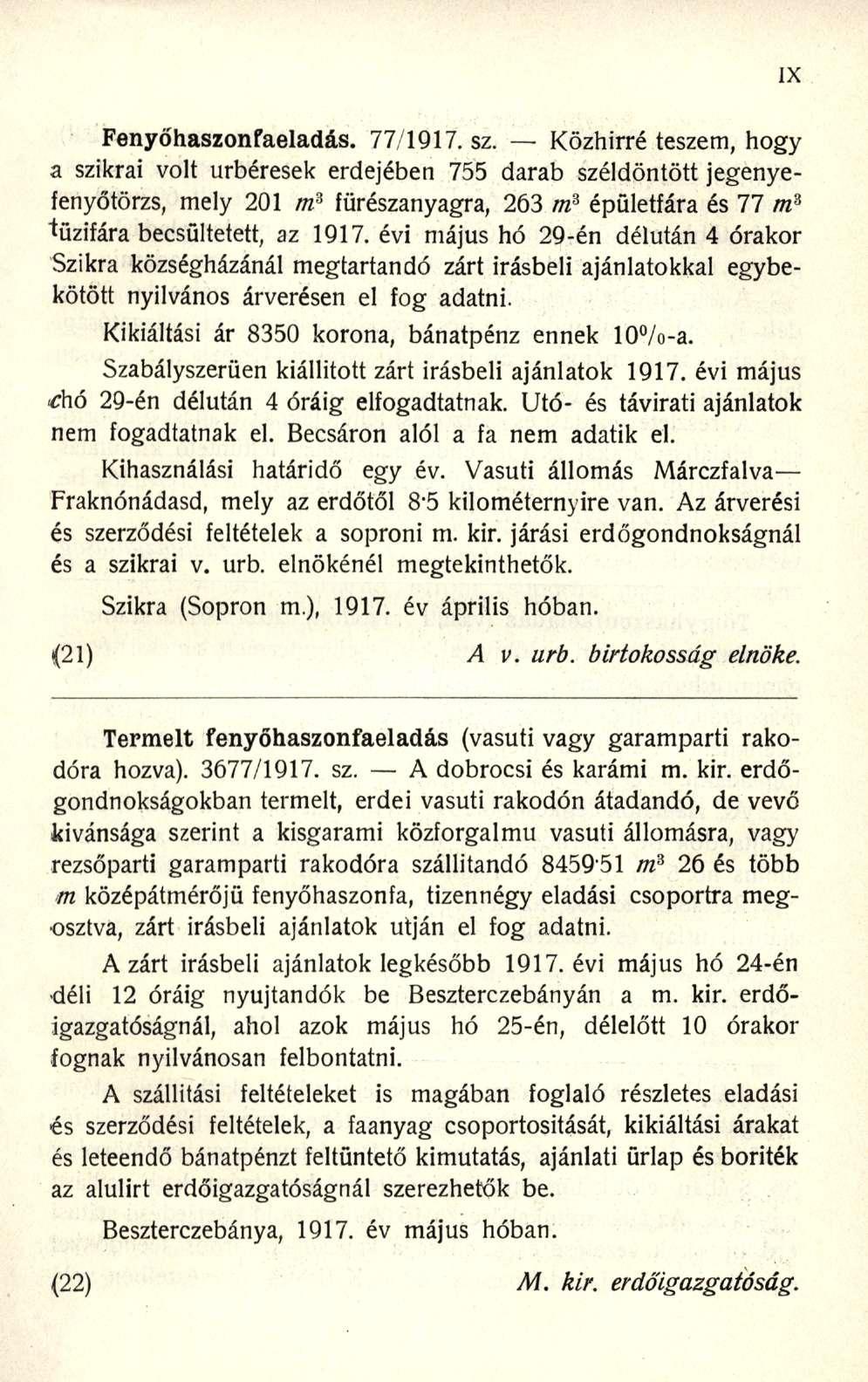 Fenyőhaszonfaeladás. 77/1917. sz.