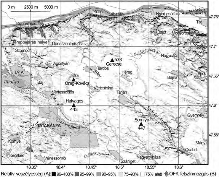 6. ábra Relatív felszínmozgás-veszélyességi térkép Figure 6 Relative landslide hazard map. A level of estimated landslide hazard; B NLC landslide site 3.