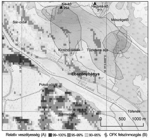 Ebszőnybánya környéki (8. ábra) vagy Bikolpusztától K-re, a Büdös-patak mentén elhelyezkedő területek (9. ábra). Utóbbi az MFGI nyomtatott kéziratos földtani térképe (MÁFI, 2009.
